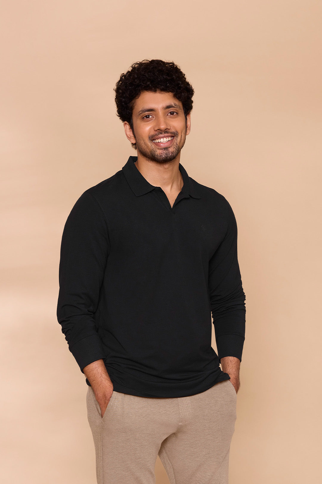 Ribbed Collar Full-Sleeved Polo Black
