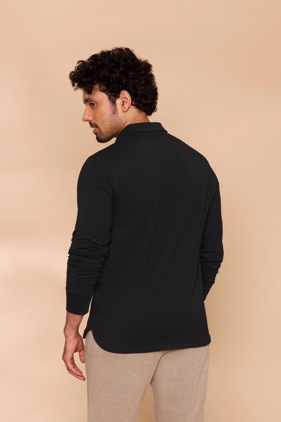 Ribbed Collar Full-Sleeved Polo Black Tshirt