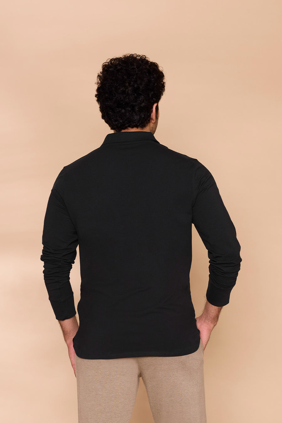 Ribbed Collar Full-Sleeved Polo Black Tshirt