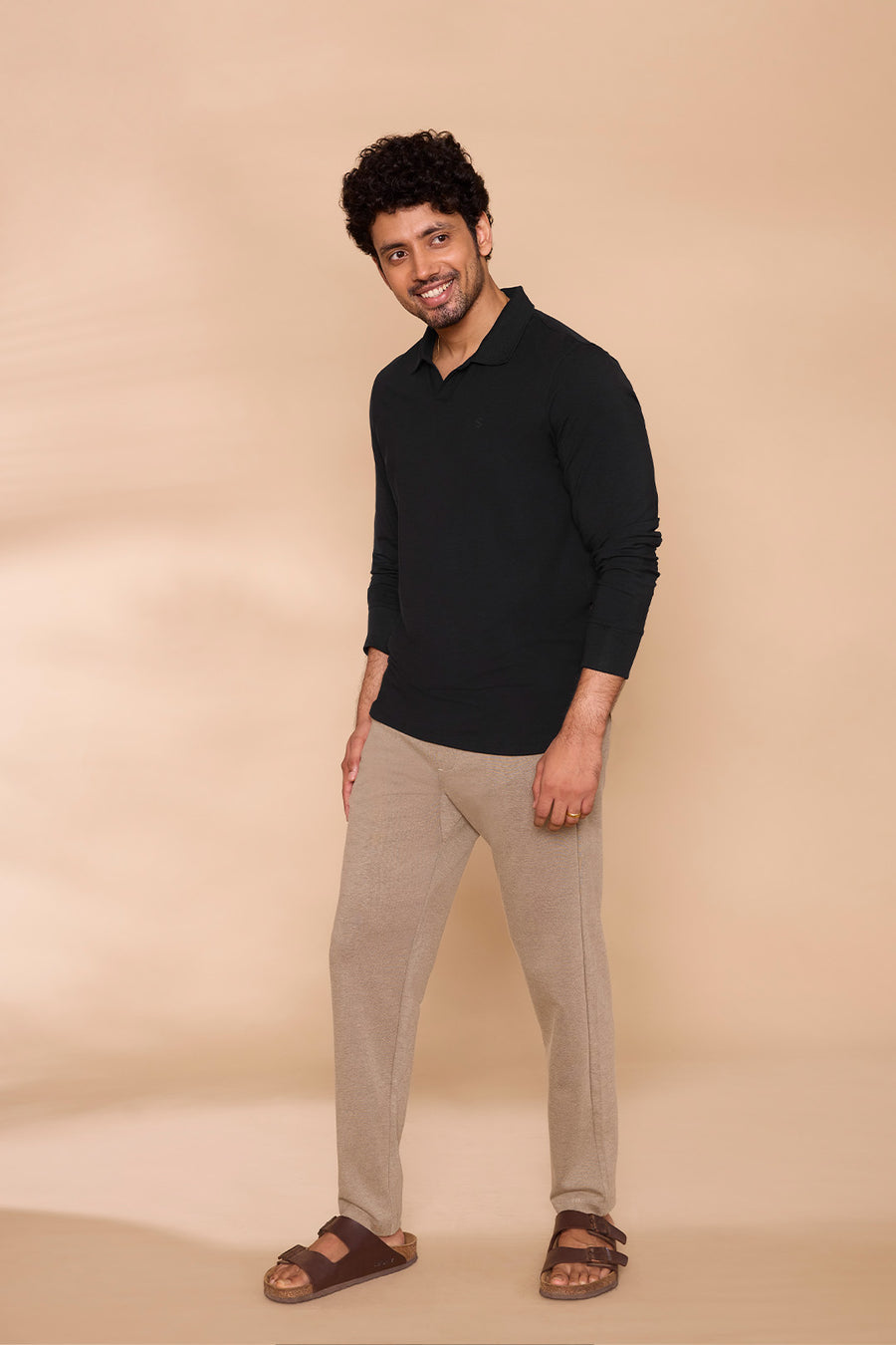 Ribbed Collar Full-Sleeved Polo Black Tshirt
