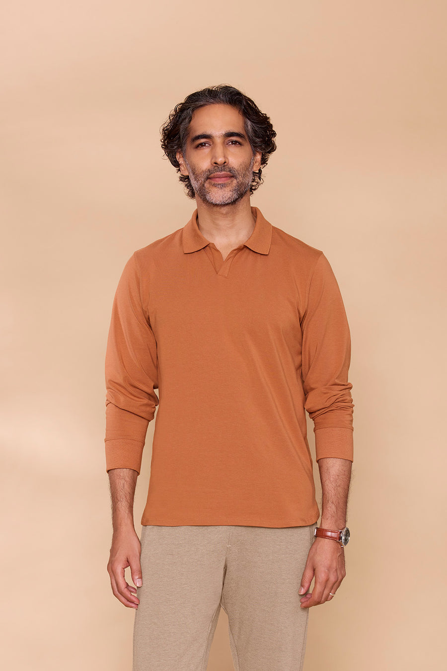 Ribbed Collar Full-Sleeved Polo Brown T-shirt