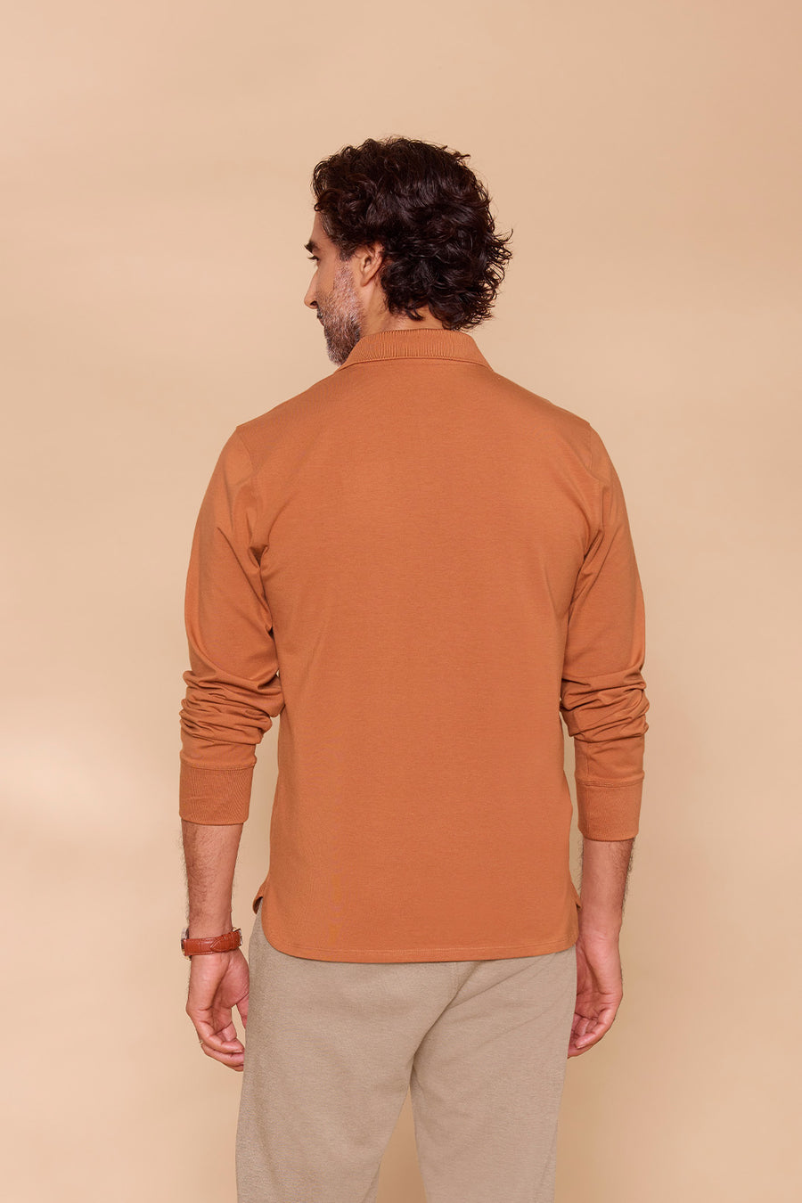 Ribbed Collar Full-Sleeved Polo Brown T-shirt