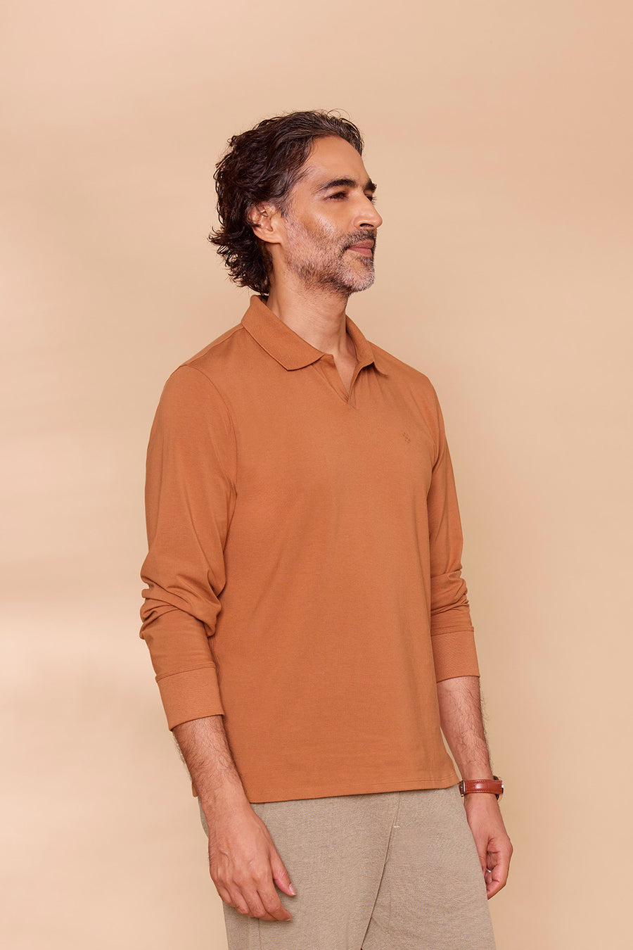 Ribbed Collar Full-Sleeved Polo Brown T-shirt