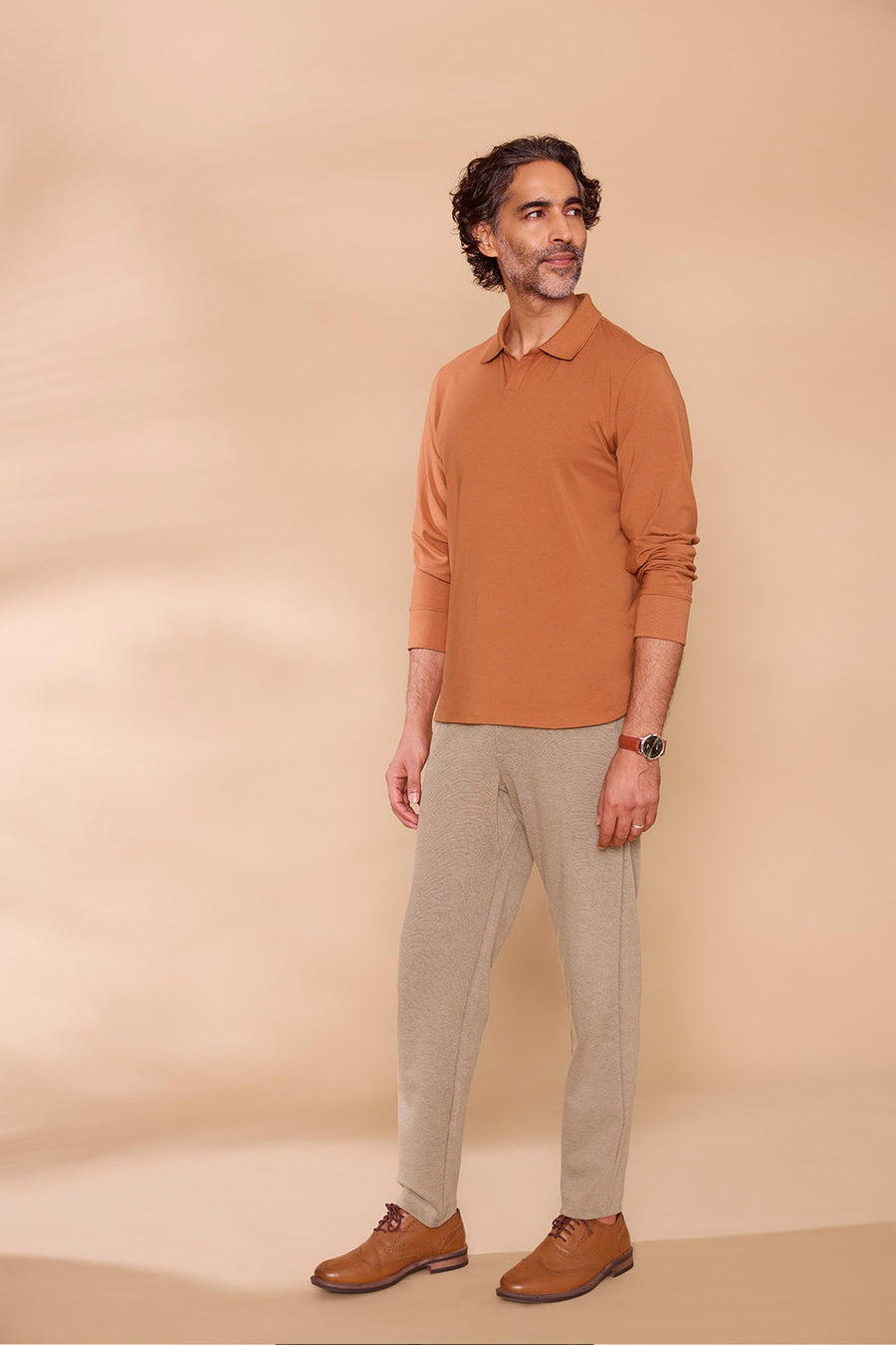 Ribbed Collar Full-Sleeved Polo Brown T-shirt