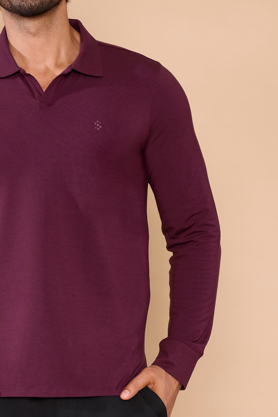 Ribbed Collar Full-Sleeved Polo Wine T-shirt